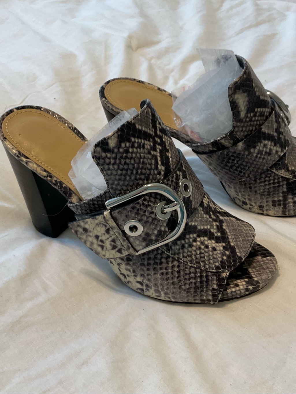 Michael Kors Snake-Print Buckle Block Heel Mules In Gray And Black